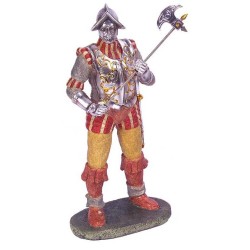 FIGURA CONQUISTADOR CASACA ROJA Y LANZA HACHA 35,5 x 16,5 x 10 cm
